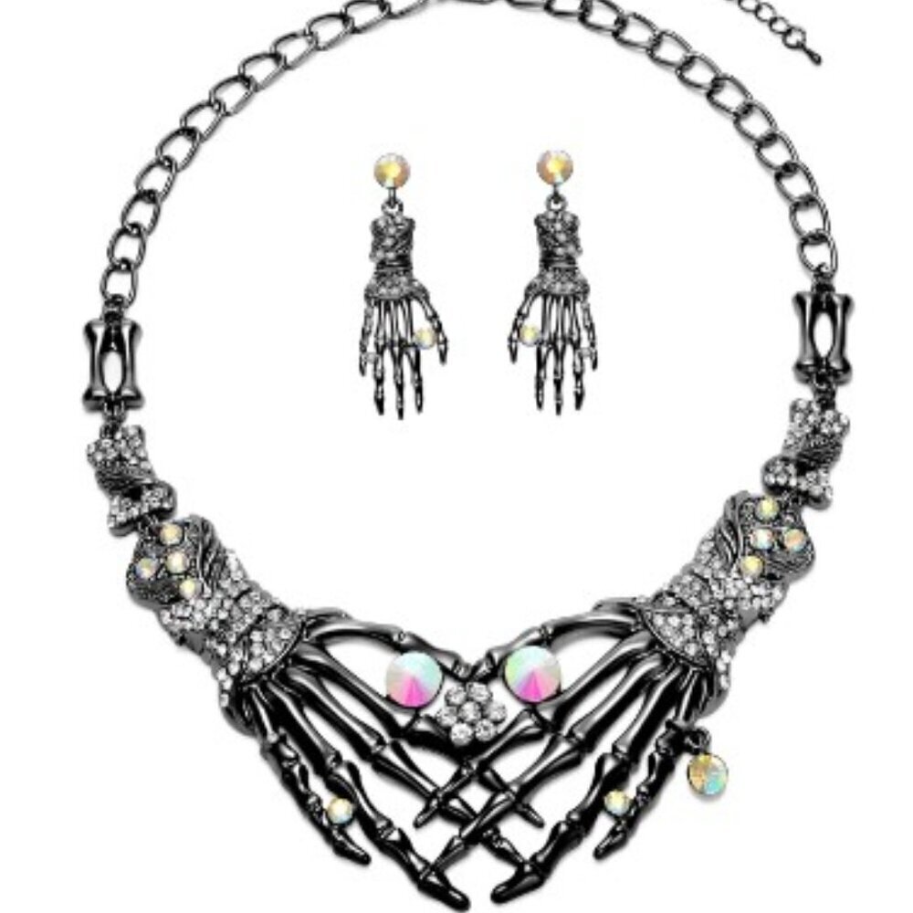 NEW " Skeletal Statement Set — Black Gothic Bone Choker & Rhinestone Earrings